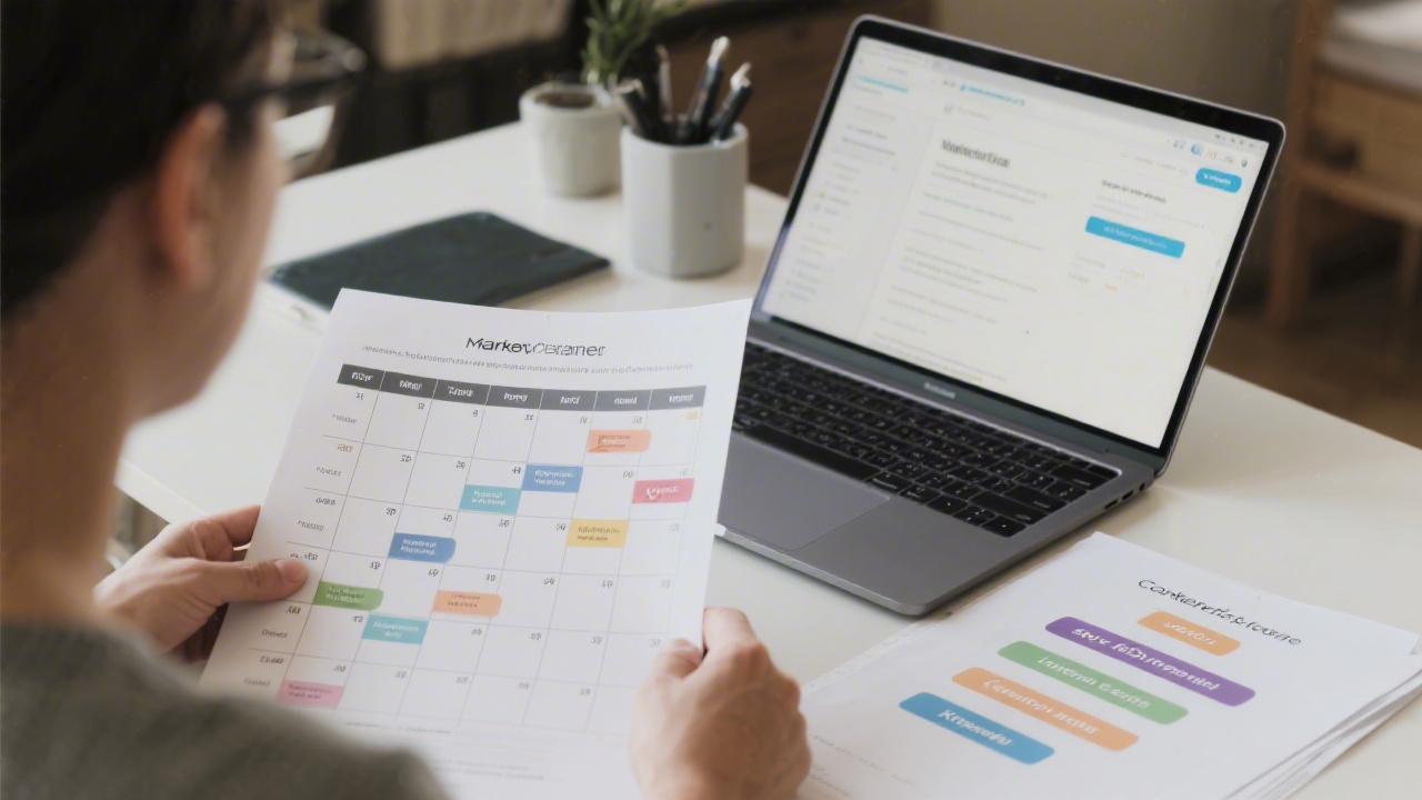 Marketing planner with a weekly content schedule, printed keyword themes, and a laptop open to a content brief, representing structured SEO implementation support.