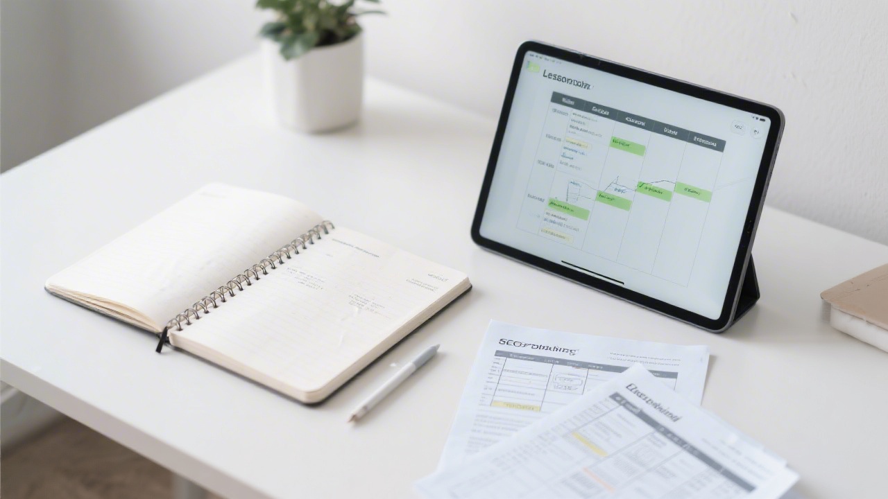 Clean workspace with open notebook, tablet displaying a lesson plan, and printed worksheets used for structured SEO learning and practical exercises.